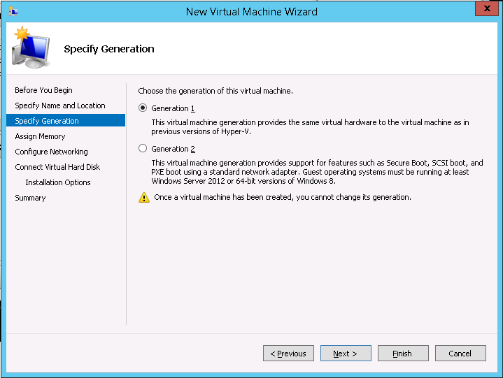 This screenshot shows how to select a virtual machine generation to the new virtual machine in Hyper-V Manager.