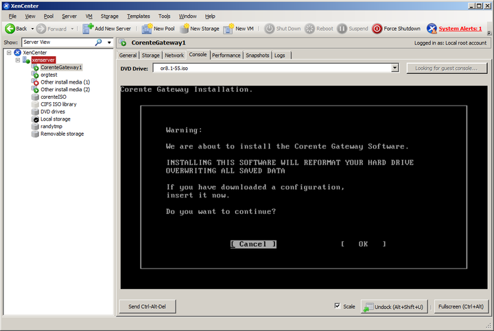 This screenshot shows the installation screen of the Corente Gateway Software as displayed in the virtual machine console in Citrix XenCenter.