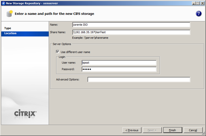 This screenshot shows how to provide path and login information for the new storage repository in Citrix XenCenter.