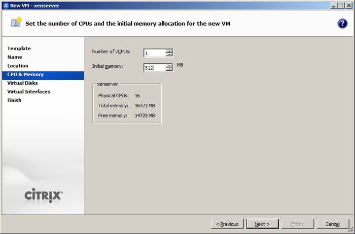 This screenshot shows how to allocate CPUs and memory to the new virtual machine in Citrix XenCenter.