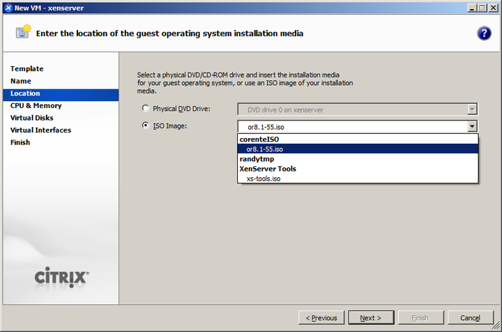 This screenshot shows how to select the proper installation media for the new virtual machine in Citrix XenCenter.