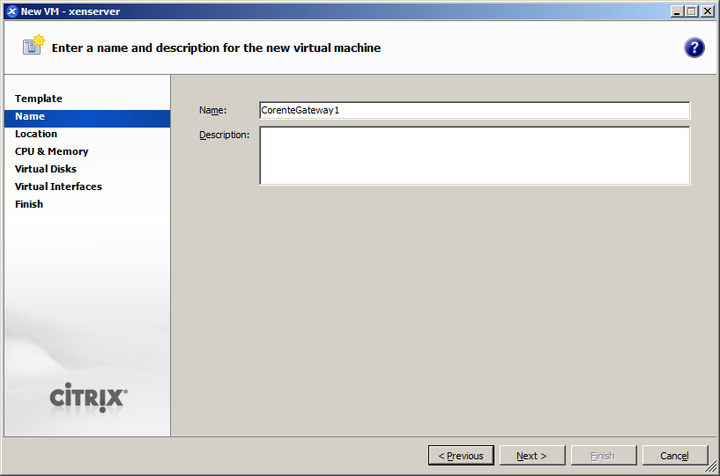 This screenshot shows how to provide a name for a new virtual machine in Citrix XenCenter.