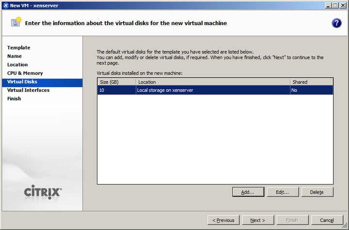 This screenshot shows how to add a virtual disk to the new virtual machine in Citrix XenCenter.