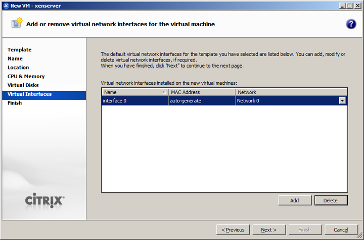 This screenshot shows how to add a network interface to the new virtual machine in Citrix XenCenter.