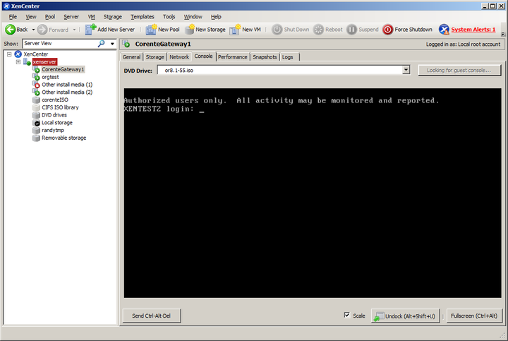 This screenshot shows the virtual machine console in Citrix XenCenter after the Corente Gateway VM has been rebooted.