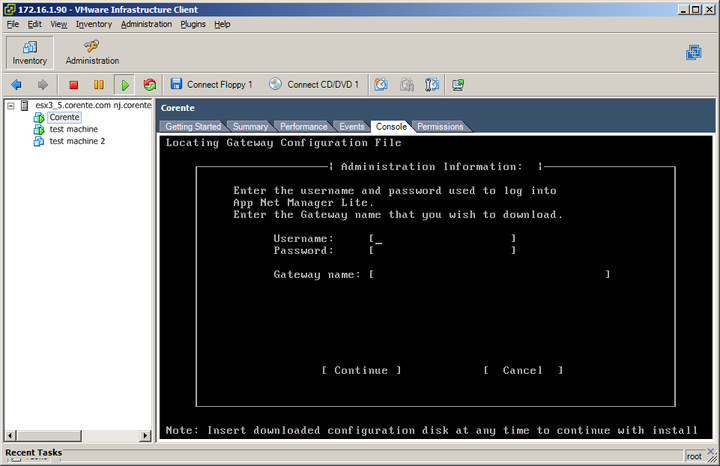 This screenshot of the Console tab in VMware Infrastructure Client shows the Administration Information to be provided for the gateway configuration.