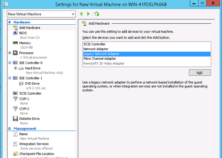 This screenshot shows how to add a legacy network adapter to the new virtual machine in Hyper-V Manager.