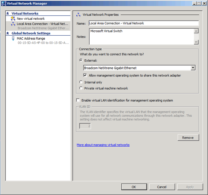 This screenshot shows how to edit the Hyper-V Virtual Manager settings for the new virtual machine.