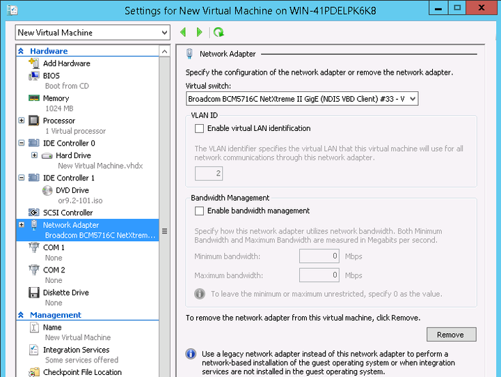 This screenshot shows how to remove the network adapter for the new virtual machine in Hyper-V Manager.