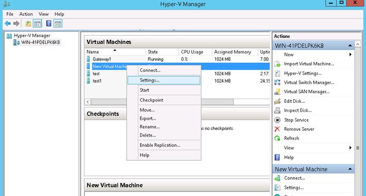 This screenshot shows how to edit the settings for the new virtual machine in Hyper-V Manager.