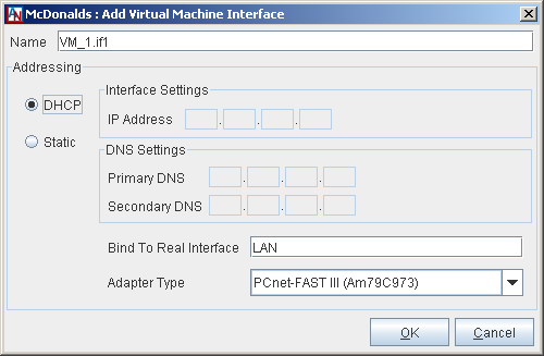 This screenshot shows the Add Virtual Machine Interface window with DHCP selected.