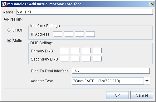 This screenshot shows the Add Virtual Machine Interface window with Static selected.