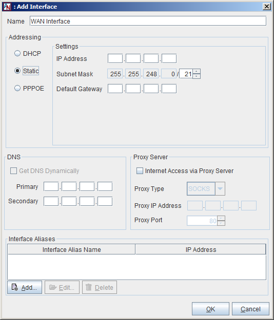 This screenshot shows the Add Interface window with Static Addressing selected.