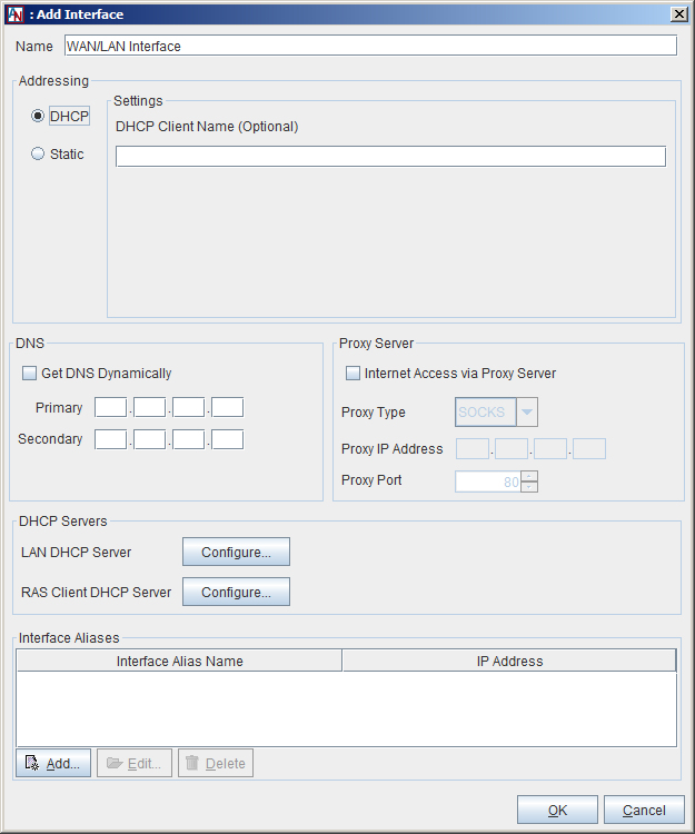 This screenshot shows the Add Interface window with DHCP Addressing selected.