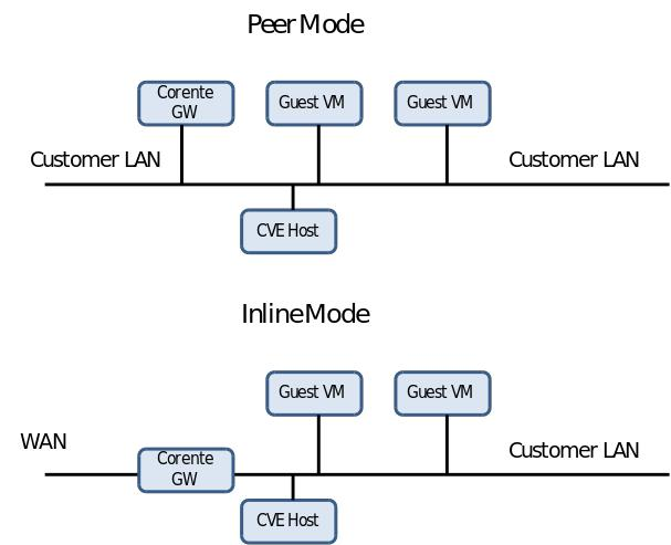 This screenshot shows an internal network view of the Peer configuration and the Inline configuration of the Corente Virtual Services Gateway Virtual Environment.