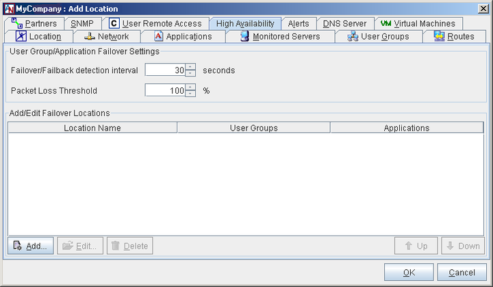 This screenshot shows the High Availability tab in the Location form.