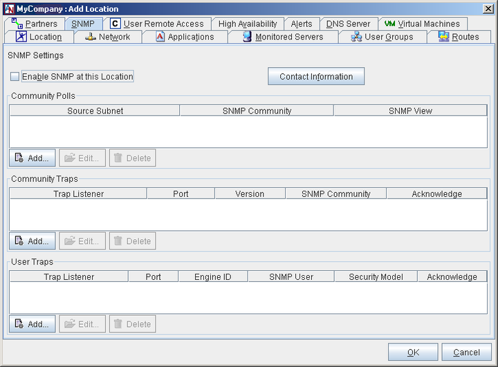 This screenshot shows the SNMP tab in the Location form.