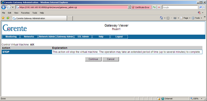 This screenshot shows the virtual machine control confirmation page in Gateway Viewer.