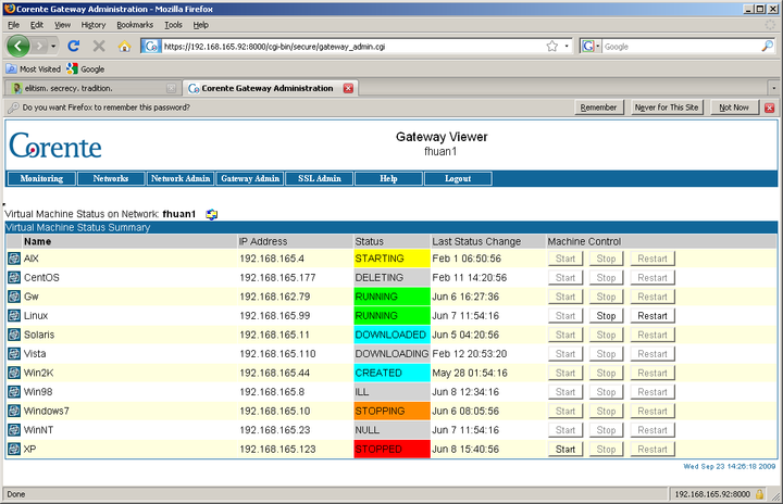 This screenshot shows the virtual machine administrator page in Gateway Viewer.