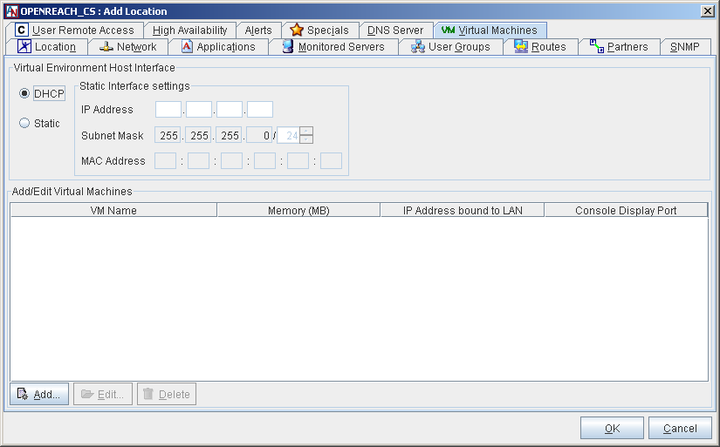 This screenshot shows the Virtual Machines tab in the Location form.