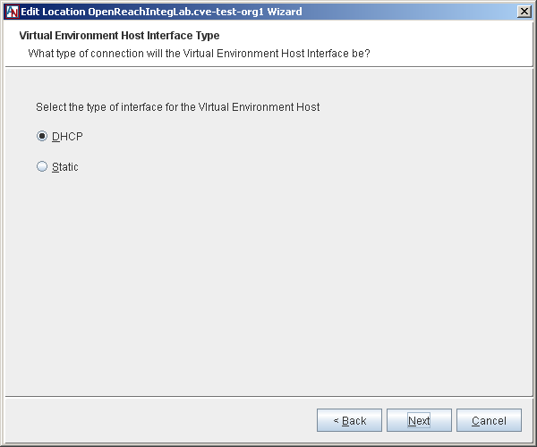 This screenshot shows the Virtual Environment Host Interface type step in the Location wizard, with DHCP selected.