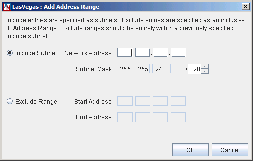This screenshot shows the Add Address Range window in App Net Manager.