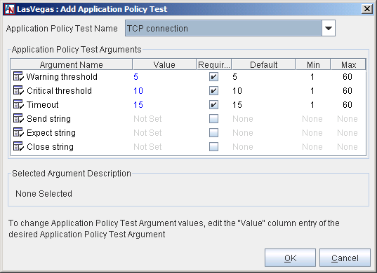 This screenshot shows the Add Application Policy Test window in App Net Manager.