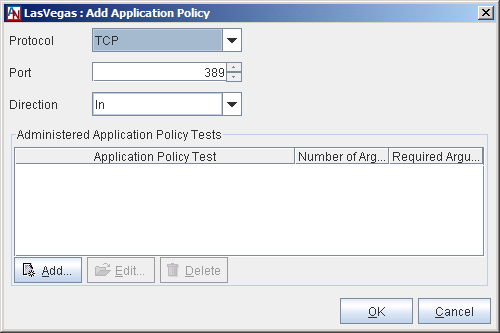 This screenshot shows the Add Application Policy window in App Net Manager.