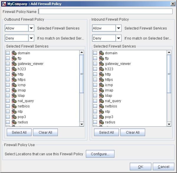 This screenshot shows the Add Firewall Policy window.