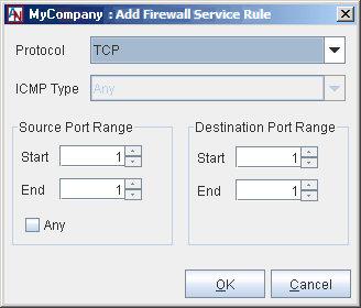 This screenshot shows the Add Firewall Service Rule window.