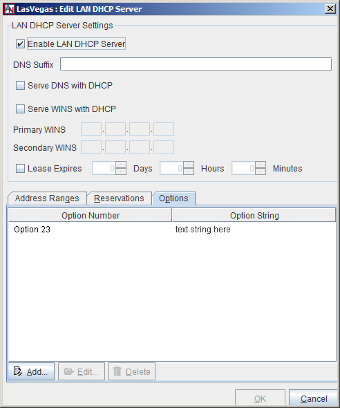 This screenshot shows the Edit LAN DHCP Server window in App Net Manager.