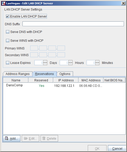 This screenshot shows the DHCP Reservations tab in the Add DHCP Address Range window in App Net Manager.