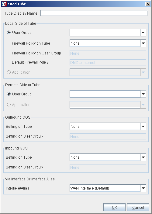 This screenshot shows the DMZ to Internet Access Tube window in the Location form.