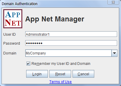 This screenshot shows the App Net Manager login window.