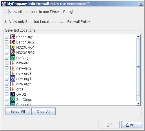 This screenshot shows the Edit Firewall Policy Use Permissions window.
