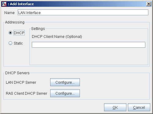 This screenshot shows the Edit Interface window in App Net Manager with the LAN Interface option selected.