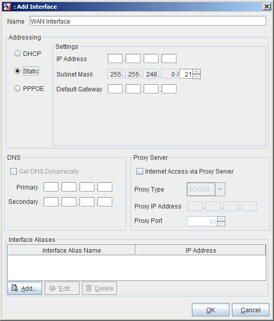 This screenshot shows the Edit Interface window in App Net Manager with the WAN Interface option selected.