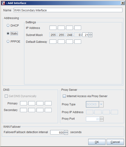 This screenshot shows the Edit Interface window in App Net Manager with the WAN Second Interface option selected.