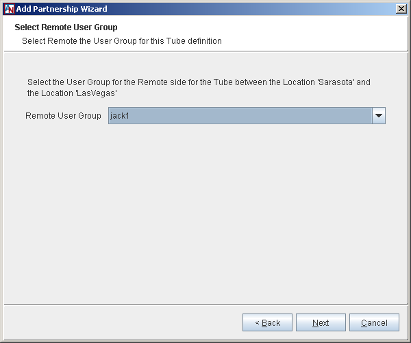 This screenshot shows the Select Remote User Group step in the Add Partnership Wizard.