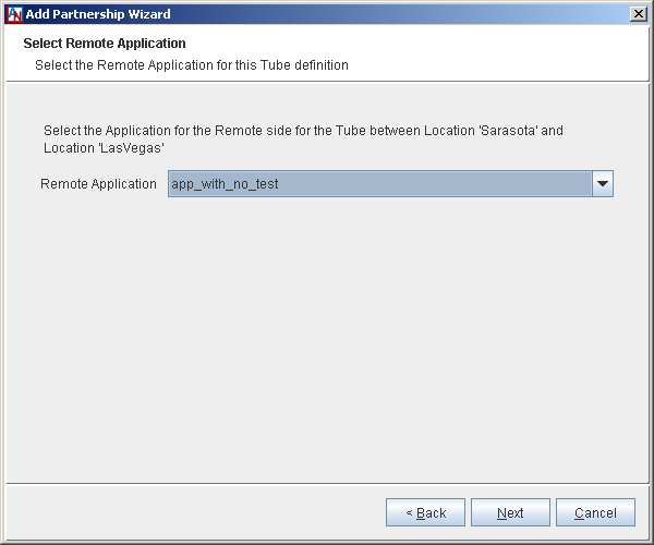 This screenshot shows the Select Remote Application step in the Add Partnership Wizard.