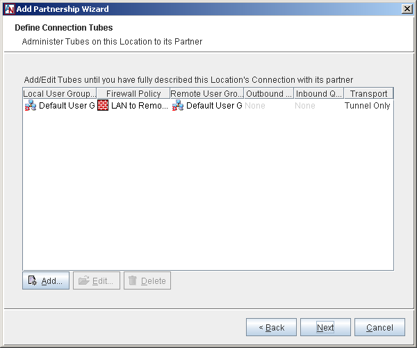 This screenshot shows the Define Connection Tubes step in the Add Partnership Wizard.