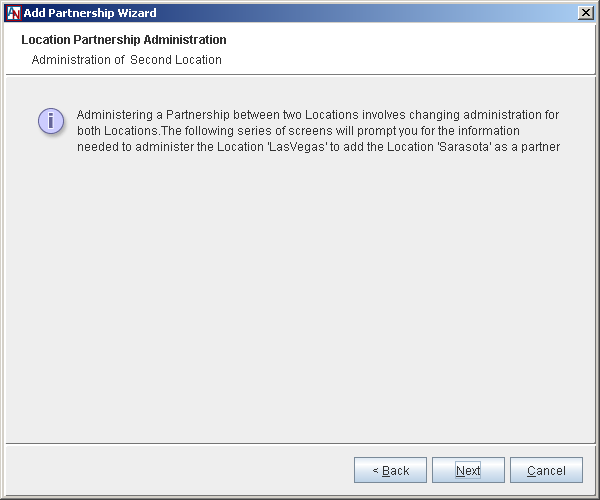 This screenshot shows the Location Partnership Administration step in the Add Partnership Wizard.