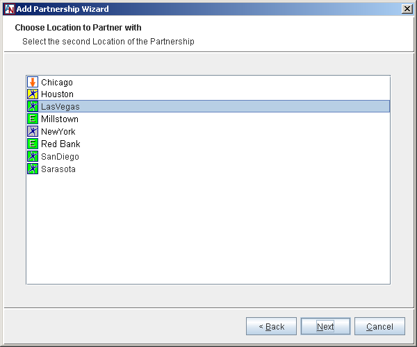 This screenshot shows the Choose Location to Partner With step in the Add Partnership Wizard.