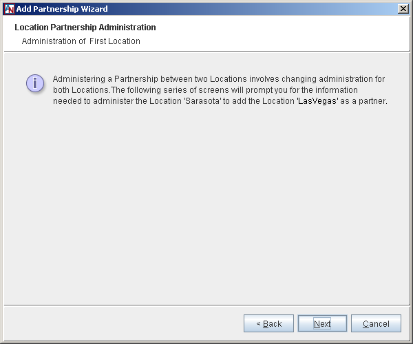 This screenshot shows the Location Partnership Administration step in the Add Partnership Wizard.