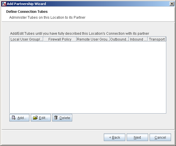 This screenshot shows the Define Connection Tubes step in the Add Partnership Wizard.
