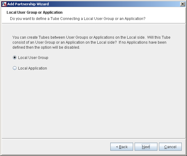 This screenshot shows the Local User Group or Application step in the Add Partnership Wizard.