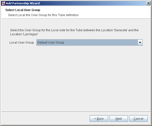 This screenshot shows the Select Local User Group step in the Add Partnership Wizard.