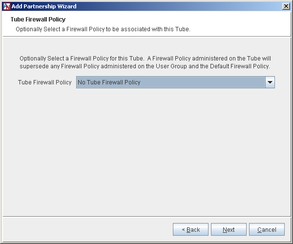 This screenshot shows the Tube Firewall Policy step in the Add Partnership Wizard.