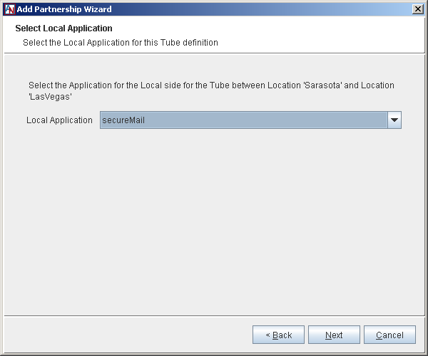 This screenshot shows the Select Local Application step in the Add Partnership Wizard.