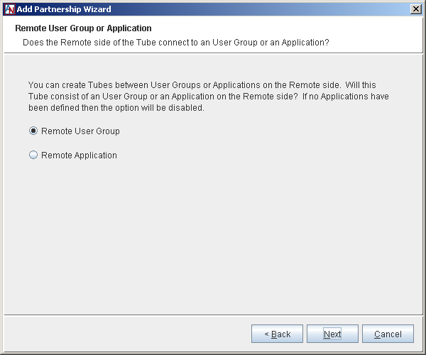This screenshot shows the Remote User Group or Application step in the Add Partnership Wizard.